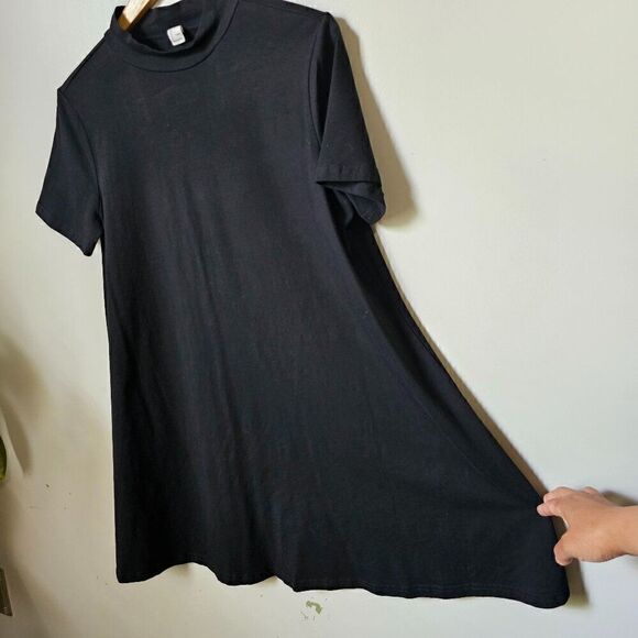 EUC BLACK MINIMALIST MOCK NECK A LINE COTTON BLEND SHIRT DRESS SIZE L - Picture 2 of 13